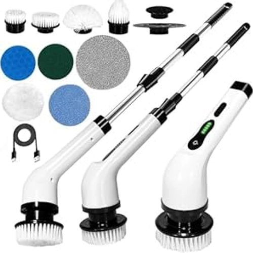 Powerful Electric Spin Scrubber,Cleaning Brush Services Scrubber for Home, 400RPM/Mins-9 Replaceable Brush Heads-90Mins High Work Time,Size & 2 Speeds Adjustable Multipurpose