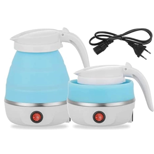 Travel Foldable Fast Boiling Portable Electric Kettle - Silicone Food Grade Boil Dry Protection 220V -600ML for Most Travel and Home & Office Use (Blue/White/Pink)
