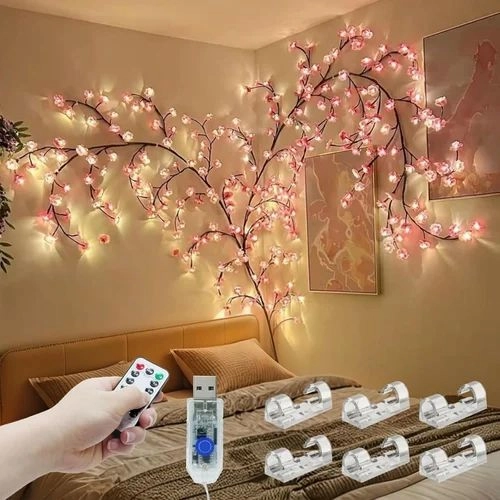 Cherry Blossom Tree Branch Lights with Remote Control, Wall Mounted Decorative Lighting for Bedroom, Living Room, Outdoor