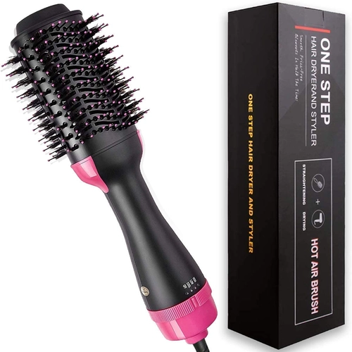 Hot Air Brush and Hair Dryer Styler, 3 Temperature Settings, 360° Swivel Cord, Nylon Pins with Airflow Vents, Black/Pink