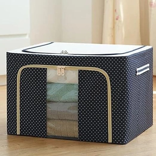 Foldable 66L Cloth Storage Bags Organizer Container | Foldable Metal Frame Basket with Clear Window, Carry Handles & Sturdy Zipper for Closet, Bedding Bag (Alloy Steel;Metal)